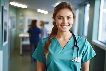 Smiling Doctor Wearing Scrubs, Surgeon Woman in Hospital Corridor, Doctor, Generative AI Illustration