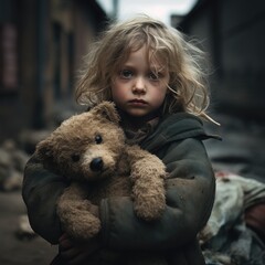 A close-up shot of a child’s dirty hands clutching a worn-out teddy bear
