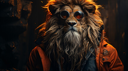 portrait funny lion king wearing sunglasses and windbreaker