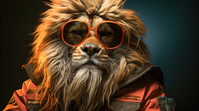 portrait funny lion king wearing sunglasses and windbreaker