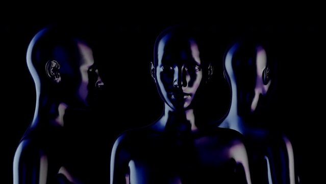Abstract reflection three metal woman body on black background. Modern fashion 3d animation. Technological digital concept. Creative futuristic motion art.