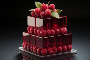 Modern Minimalist Anniversary Delight: Three-Tier Square Cake Adorned with Raspberries, a Culinary Work of Art