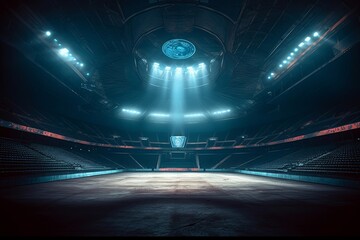Empty abandoned sport arena illuminated with spotlights. Generative AI