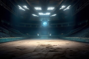 Empty abandoned sport arena illuminated with spotlights. Generative AI