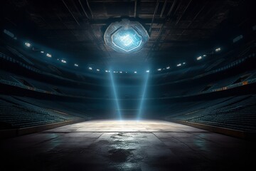 Empty abandoned sport arena illuminated with spotlights. Generative AI