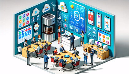 3D cartoon illustration of a modern office space where various smart devices are interconnected