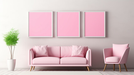 Fototapeta na wymiar Pink sofa and chair near wall with two art poster mock up frames. Postmodern memphis style interior design of modern living room, Copy space for text, Mock up template, Generative AI
