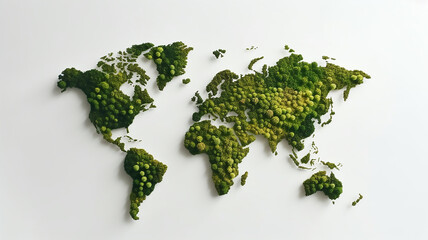 World map made from green grass and leaves on white background, Copy space for text, Mock up template, Generative AI 