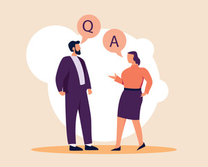 Question and answer, Q and A, FAQ, frequently asked questions, discussion to get solution to solve problem, brainstorm conversation or quiz concept, businessman and woman ask and answer questions.