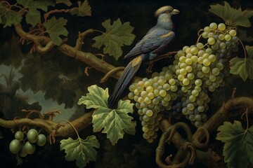 An artwork depicting grapes, vines, leaves, a bird, and a leafy branch in the foreground against a dark green background. Generative AI