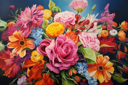 Vibrant floral artwork in oil paints capturing the essence of a summer bouquet. Generative AI