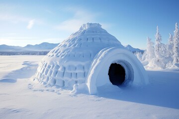 A picture of a snowy igloo in the winter landscape. Generative AI