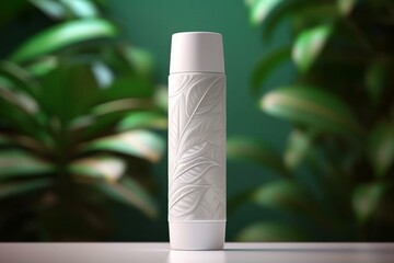 Empty white cosmetic tube with leaves in the background. Mock-up bottle for label. Generative AI