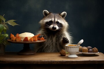 An adorable raccoon stands on a table. Generative AI - obrazy, fototapety, plakaty