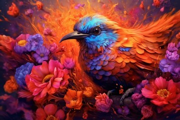 Colorful avian artwork surrounded by blooming flora. Generative AI