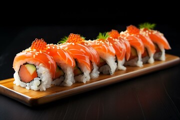 Delicious sushi topped with salmon. Generative AI