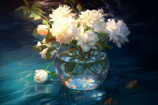Artistic depiction: ethereal floral motif. Romance in an underwater setting with striking contrast of colors. Transparent vase, white roses, ice vase. Floating water balloons & plant. Generative AI