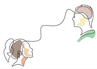 Couple teens communication concept. Young man and woman faces silhouettes. Continuous one line drawing. Black and white vector illustration
