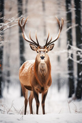 Naklejka na ściany i meble Noble male deer in winter snowy forest. Winter Christmas landscape.