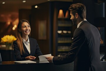 Smiling Receptionist, Reception Desk, Friendly Hotel Service, Generative AI Illustration