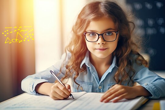 A Child Prodigy, a Smart Child Writes in a Notebook, Girl Solving a Math Equation, Generative AI Illustration