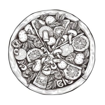 Pizza Sketch, Hand Drawn Pizza Slices, Traditional Pizzeria Engraving Imitation, Sketched Bakery Fast Food