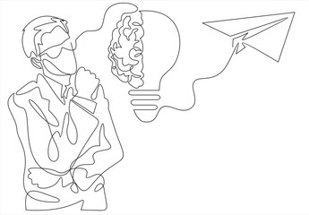 The man came up with an idea. Light Bulb and Paper Plane.One continuous line.