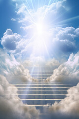 成功へと続く階段のイメージ図　青い空と白い雲　輝ける空 - obrazy, fototapety, plakaty