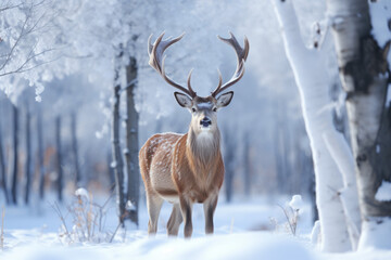 Noble male deer in winter snowy forest. Winter Christmas landscape.