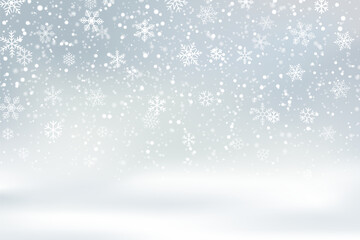 Abstract Christmas grey background with falling snow and snowflakes, magical winter sky with heavy snowfall, fantasy shining snowy backdrop, vector illustration.