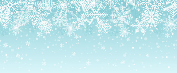 Naklejka na ściany i meble Abstract Christmas blue background with falling snow and snowflakes, magical winter sky with heavy snowfall, fantasy shining snowy backdrop, vector illustration.