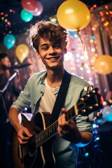 Young man playing the guitar on a party in a nightclub with balloons.