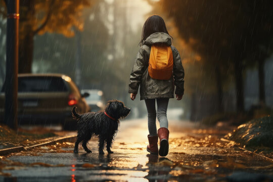 Girl walking with her black dog in the rain on an autumn rainy day. Child and dog friendship concept