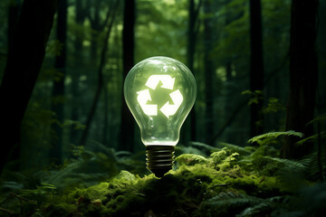 Light bulb amidst nature, recycling symbol within, promoting eco-friendly practices. ESG and ecology concept. Generated using generative AI technology.