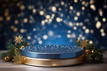 Christmas composition with empty round cylinder platform podium for product or cosmetics presentation on blue background with bokeh. Minimal composition background. Front view