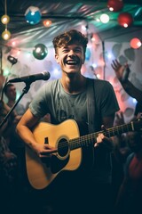 Handsome young man playing guitar on stage at a music festival