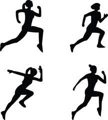 set of silhouette running girls icon vector, vector of a running girl. The girl is jogging, silhouette of female sprinter, vector image of a beautiful slender girl in a sports uniform (leggings and a 