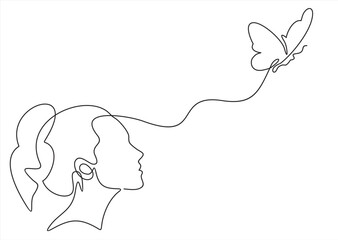 Abstract face with butterfly one line drawing. Portrait minimalistic style. Surreal Faces Continuous line, drawing of set faces and hairstyle, fashion concept, woman beauty