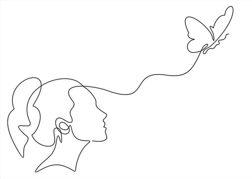 Abstract face with butterfly one line drawing. Portrait minimalistic style. Surreal Faces Continuous line, drawing of set faces and hairstyle, fashion concept, woman beauty