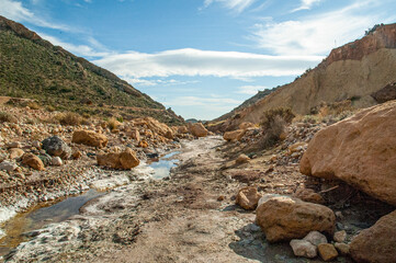 AERIAL VIEW OF THE COURSE OF THE SAL RIVER IN ALBATERA ALICANTE, SPAIN