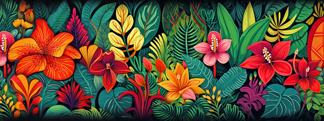 a tropical forest illustration with vibrant flowers creates a colorful floral pattern in boho design
