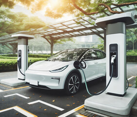 Futuristic electric car charging station, modern fast electric car charger for charging the car...