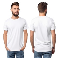 T-shirt mockup. White blank t-shirt front and back views. male clothes wearing clear attractive apparel tshirt models template - Generative AI