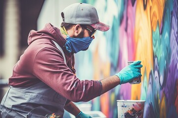 Street Artist Painting Colorful Graffiti on Public Wall, Modern Street Art Murales, Generative AI...