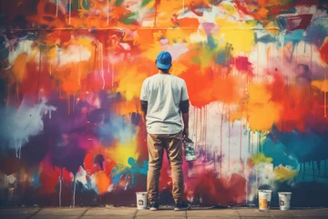 Crédence de cuisine en verre imprimé Graffiti Street Artist Painting Colorful Graffiti on Public Wall, Modern Street Art Murales, Generative AI Illustration