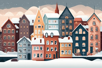 Fototapeta premium Christmas background with houses. Cozy town in a flat style. Happy New Year and Merry Christmas. Horizontal banner in Scandinavian style.