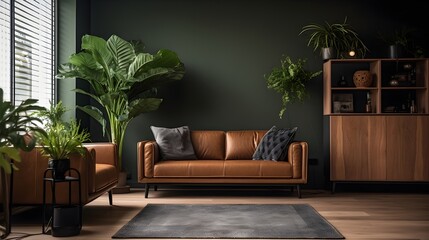 modern interior living room design, sofa and armchair with coffee and wooden cabinet against dark green wall.