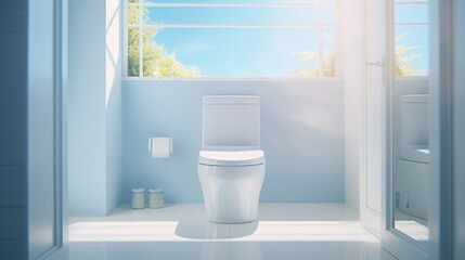 Clean wide toilet and plants against a window in house property, clear sky. - obrazy, fototapety, plakaty