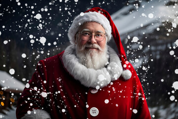 Santa Claus in red clothes with white beard standing against a snowy landscape and falling snow.