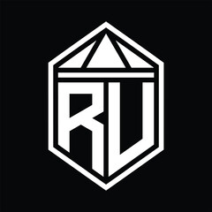 RU Letter Logo monogram hexagon shield shape with triangle crown isolated style design